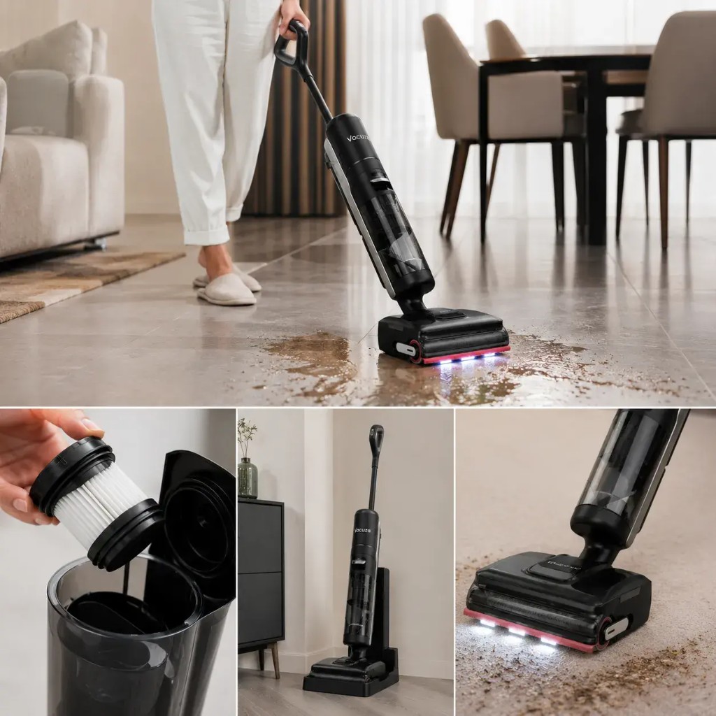 Vacuza before and after: messy floor cleaned in one pass