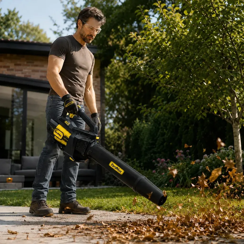 YardMax 3000W brushless blower clearing leaves at 420 km/h